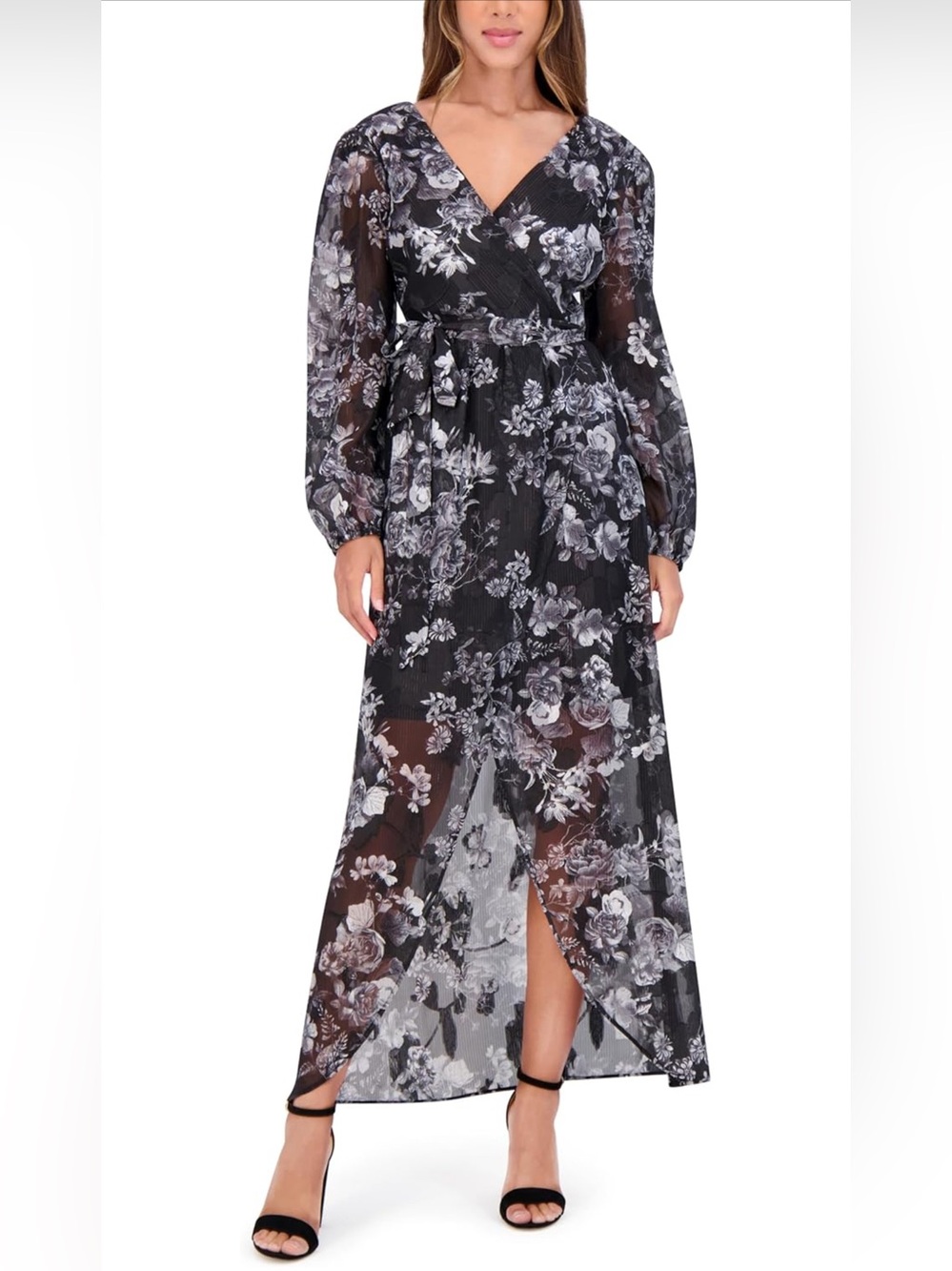 NWT Siena Black Floral Metallic Stripe Faux Wrap Midi Dress - Size 16